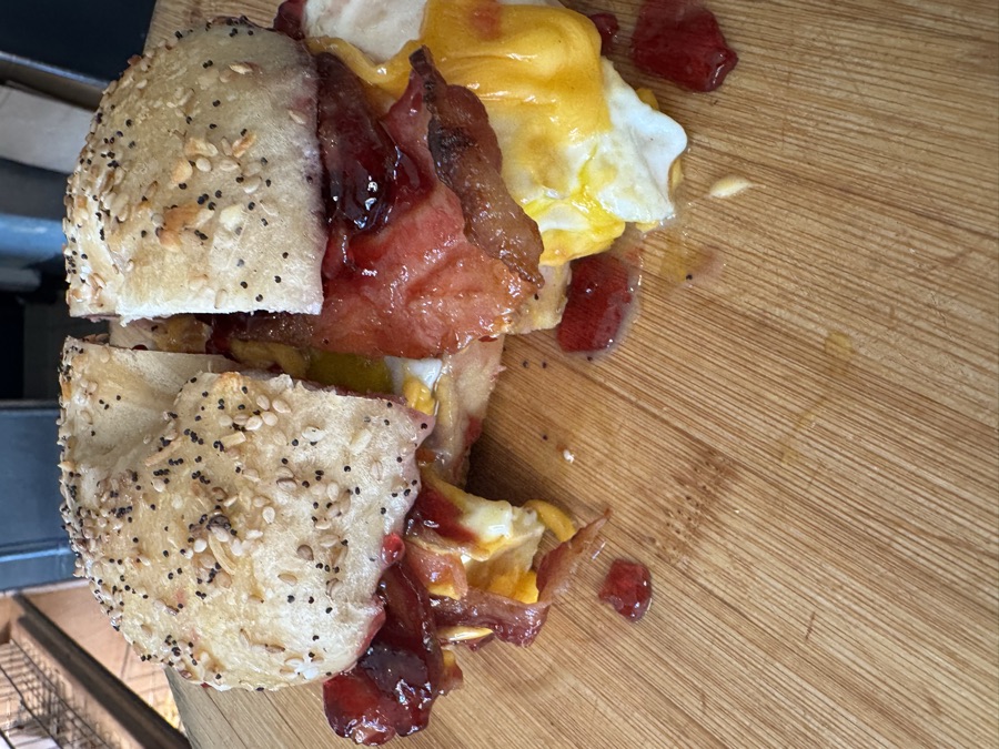 The Jelly-X-Girlfriend: bacon, egg and cheese with grape jelly on an everything bagel